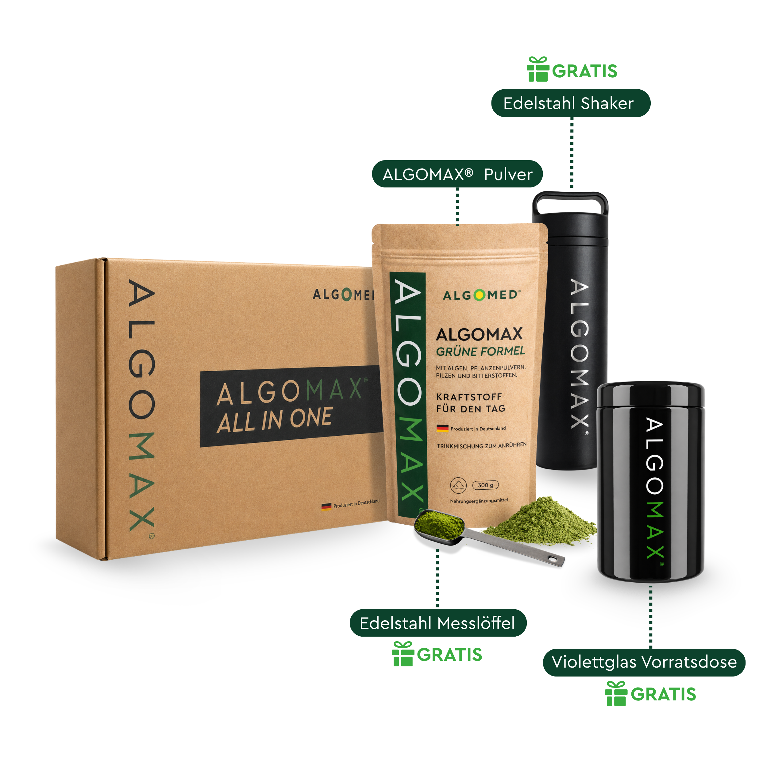 ALGOMAX Einmaliger Kauf jetzt neu im Shop erhältlich. Mit dem Willkommenspaket ( ALGOMAX Shaker, Violettglas, Löffel und einem Handtuch).
Und dem ALGOMAX Grüne Formel Pulver 300g. Laborgeprüft, Produziert in Deutschland und entwickelt von Biologen und Ernährungswissenschaftlern.