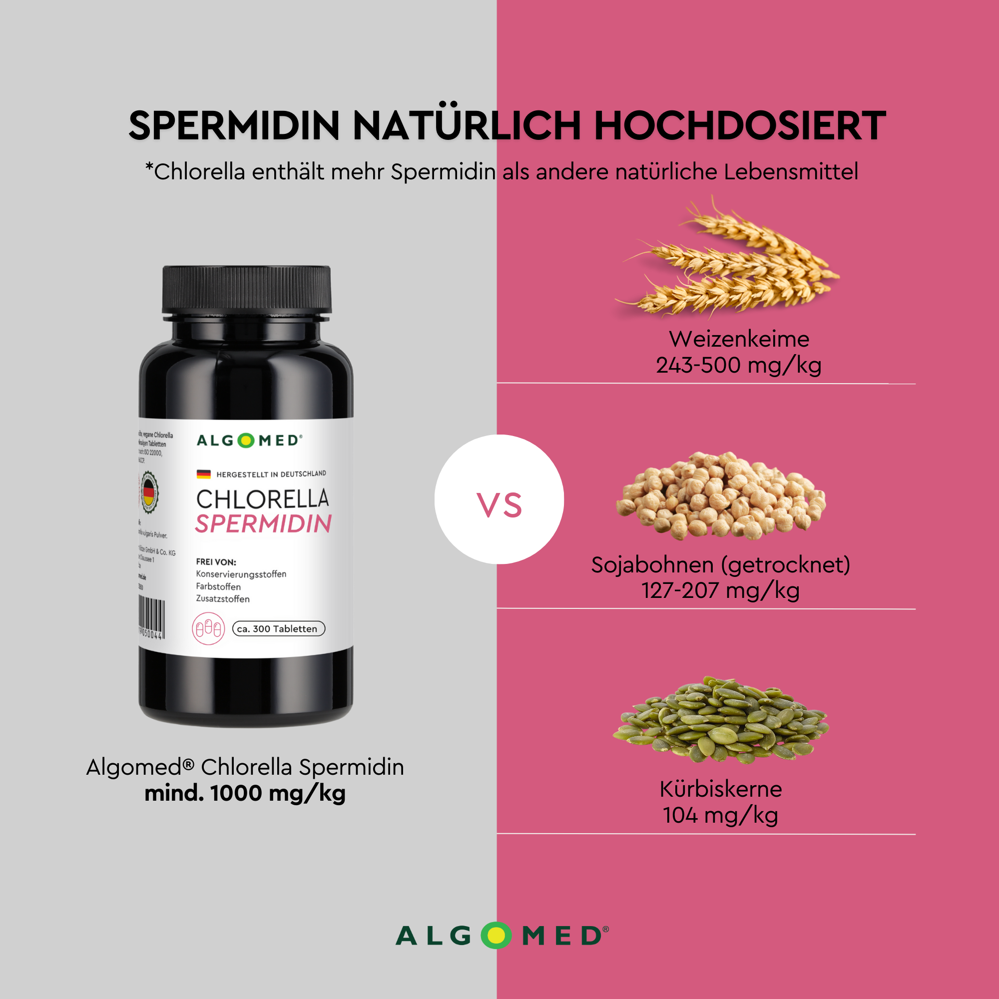 Spermidin aus Chlorella vs. Weizenkeime – Chlorella enthält mehr Spermidin als andere natürliche Lebensmittel