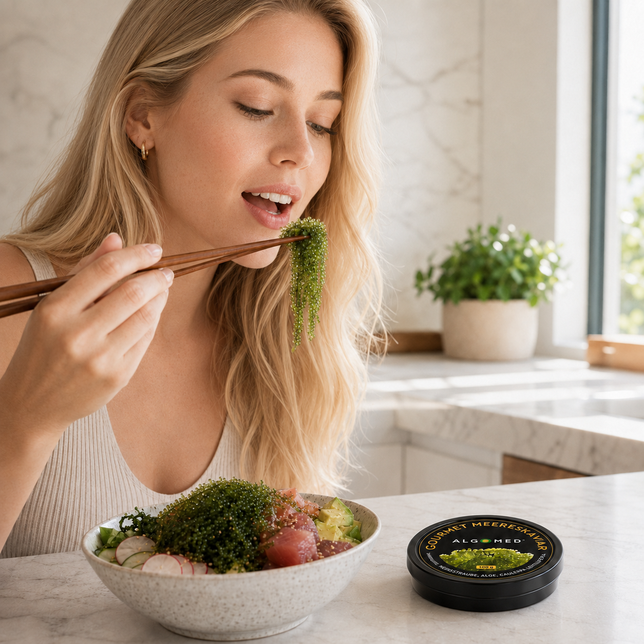 ALGOMED Gourmet Meereskaviar Umibudo 100g Meerestrauben. Mit feinem Meeresaroma, einer angenehm salzigen Note und einer zarten, belebenden Frische.