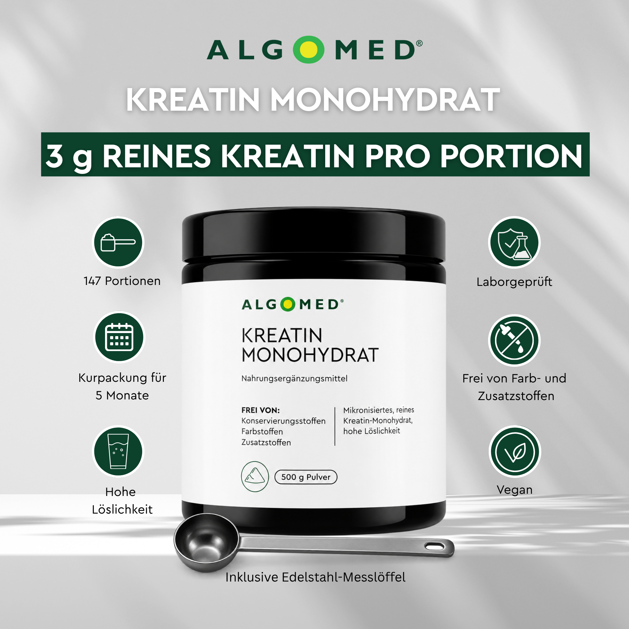 Algomed Kreatin Monohydrat 500g kaufen ,laborgeprüft , ohne Farb- und Zusatzstoffe und vegan.