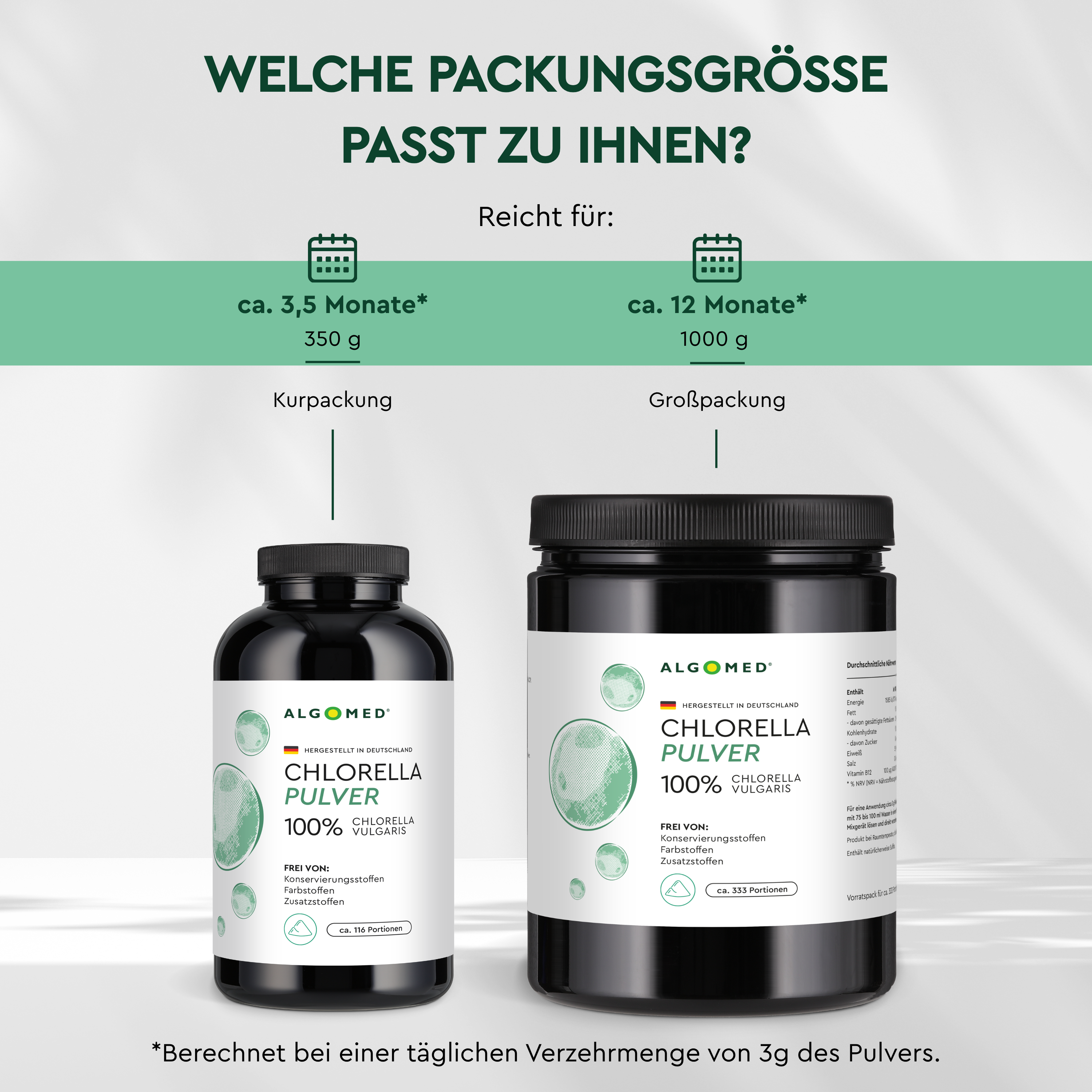 Algomed Chlorella Pulver von der Kurpackung bis zur Großpackung.