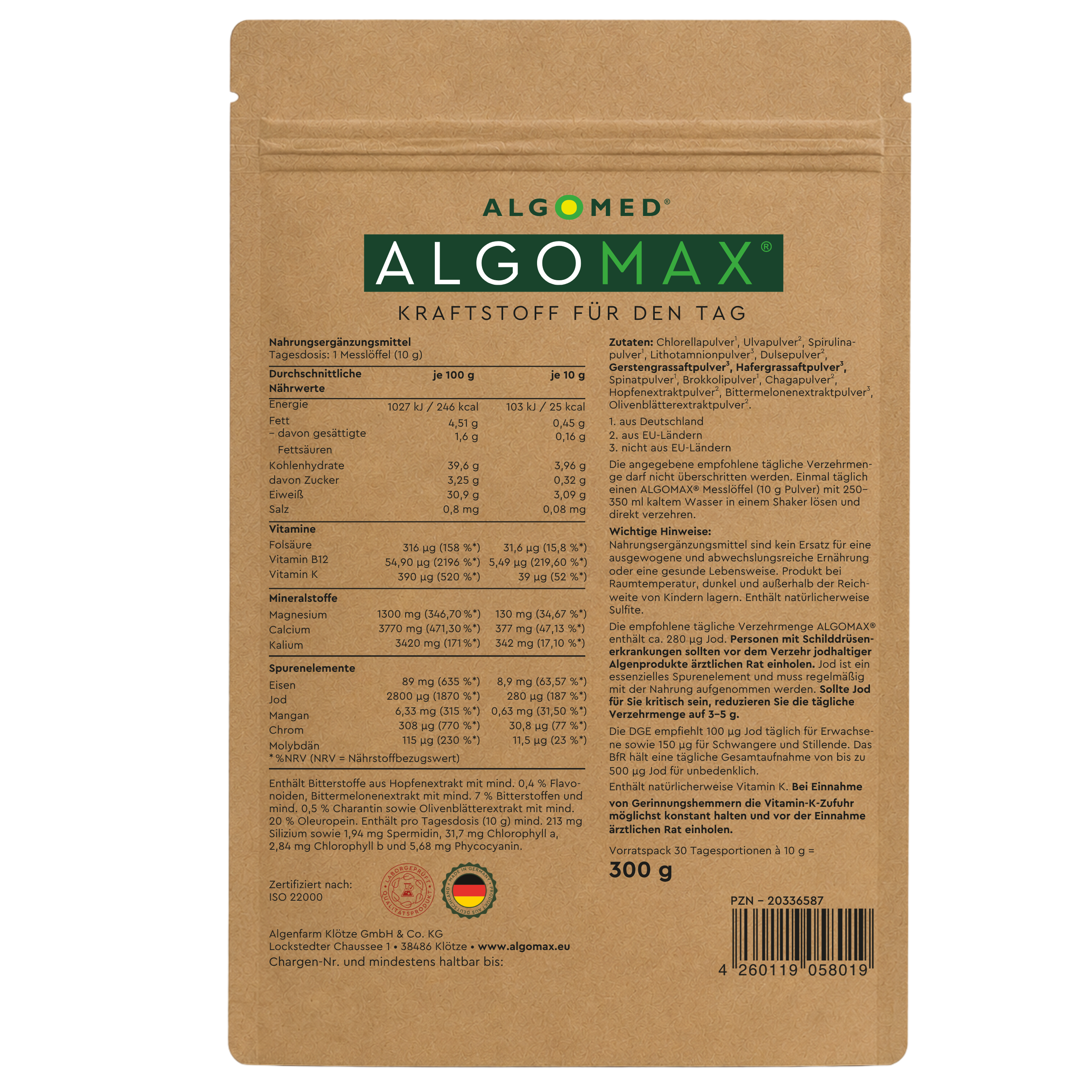 ALGOMAX Pulver 300g Zutatentabelle Übersicht