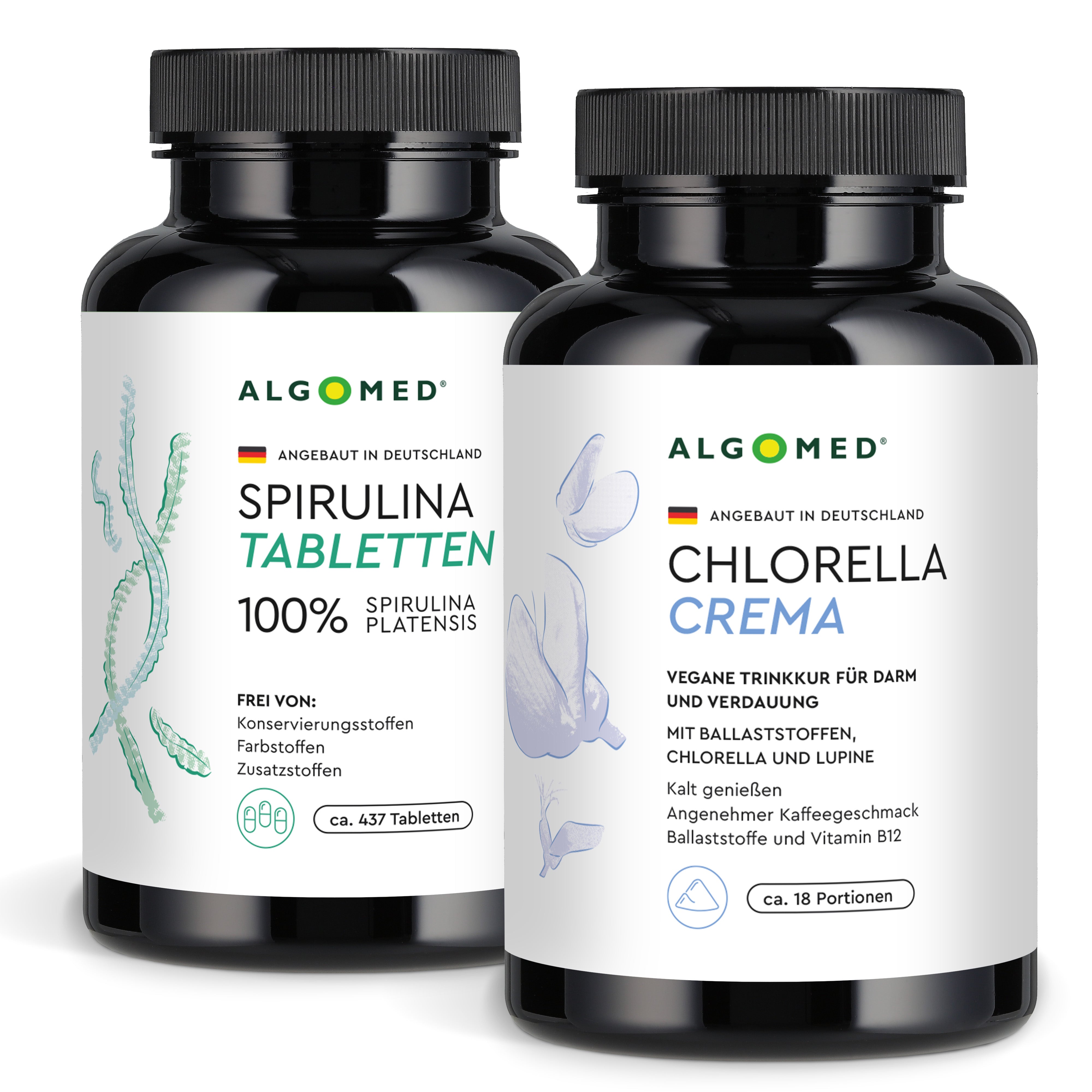 Chlorella Crema und Spirulina Tabletten von Algomed 100% natürlich aus Deutschland.