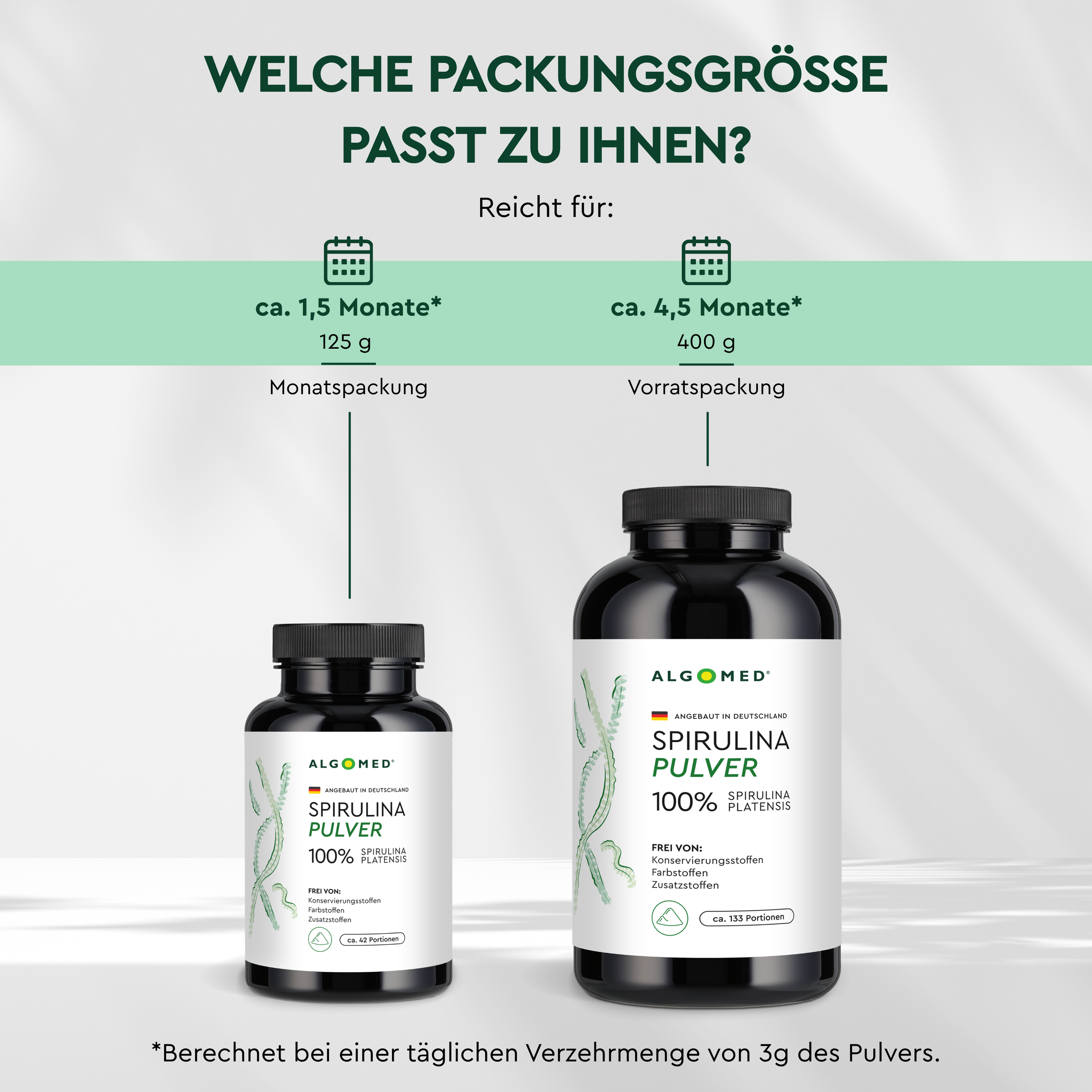 Algomed Spirulina Pulver von der Monatspackung bis zur Vorratspackung.